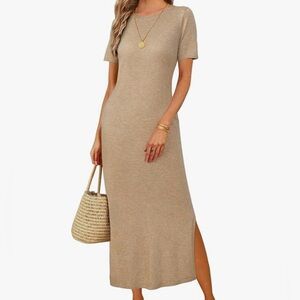 Beige Knit Long Dress With Side Slits
